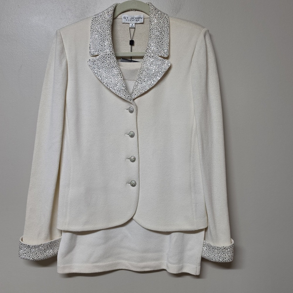 NWT St John Evening Skirt Suit 8 White Silver Rhinestone Crystal Knit 2pc Set